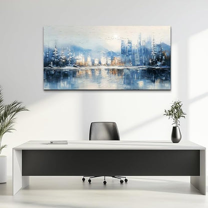 QIYILEXWART Large Wall Decor For Living Room Stretched And Framed Canvas Wall Art For Office Wall Decoration For Bedroom The Blue Lake Painting Abstract Watercolour Picture Home Decor Ready To Hang