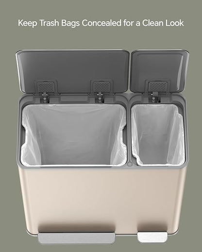 Lovewind Dual Trash and Recycling Bins for Kitchen, 13+6 Gallon Stainless Steel Garbage and Recycle Bin Combo for Large Families, Dual Trash Can with Soft Close Lid & Magnetic Stickers, Apricot