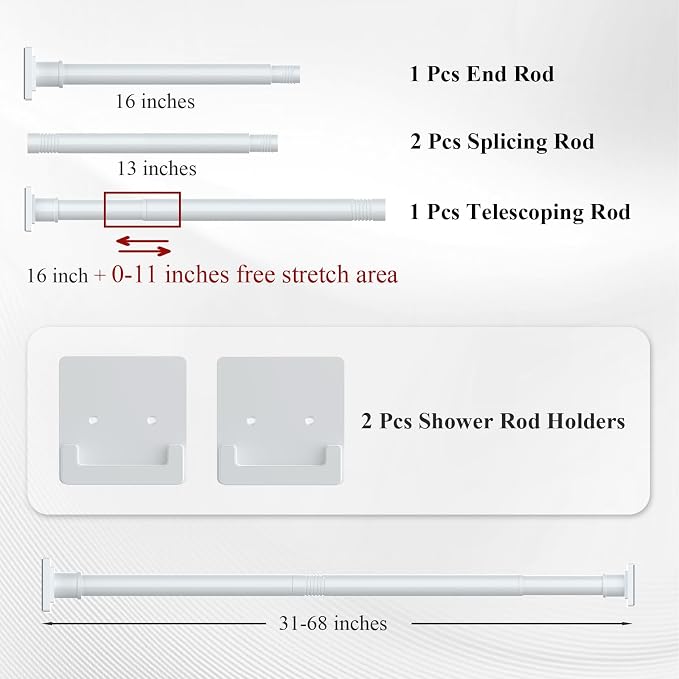 UIOSANRT White Shower Curtain Rod 31-68 inches with Holders, Stainless Steel Shower Rod & Tension Rod, Adjustable Tension Shower Curtain Rod for Bathroom, Windows, Closet