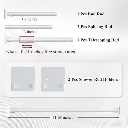 UIOSANRT White Shower Curtain Rod 31-68 inches with Holders, Stainless Steel Shower Rod & Tension Rod, Adjustable Tension Shower Curtain Rod for Bathroom, Windows, Closet