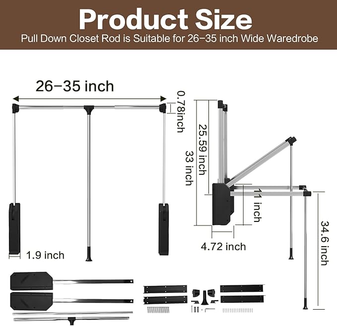 Pull Down Closet Rod - Adjustable 26-35 Inch Heavy Duty Hanging Rod with Soft-Close, Side & Back Mounted, 60 lbs Capacity for Closet & Wardrobe Organization
