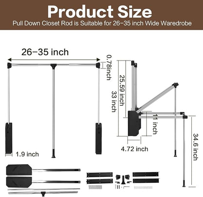 Pull Down Closet Rod - Adjustable 26-35 Inch Heavy Duty Hanging Rod with Soft-Close, Side & Back Mounted, 60 lbs Capacity for Closet & Wardrobe Organization