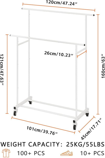 Calmootey Double Rod Clothing Garment Rack,Rolling Hanging Clothes Rack,Portable Clothes Organizer for Bedroom,Living Room,Clothing Store,White