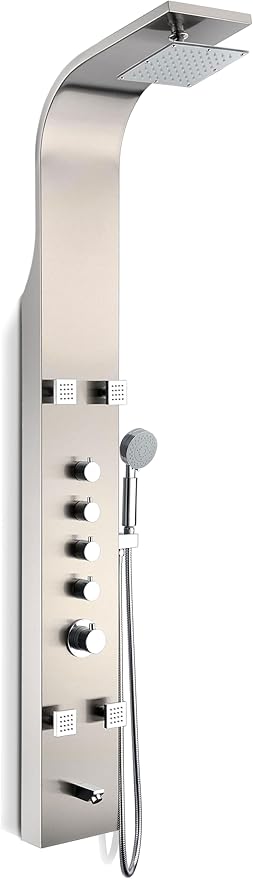 ANZZI Shower Head Panel Tower, Echo Brushed Steel Stainless Steel Metal, 4 Turbo Jetted & Multi Functional, High Pressure Jet + Rainfall + Handheld Wand Attachment Combo, Wall Mount (SP-AZ022)