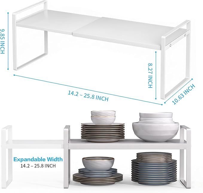 Expandable Cabinet Shelf Organizer Stackable Metal Storage Rack, Adjustable Width & Height Countertop Spice Rack, Heavy Duty Pantry Cupboard Under Sink Organizer for Kitchen Bathroom Office
