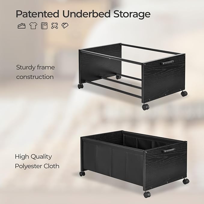 FOUCSSOMEI Under Bed Storage with Wheels, Wooden Under Bed Drawers On Wheels, Rolling Under Bed Shoe Storage, Space Saving, Black,70L