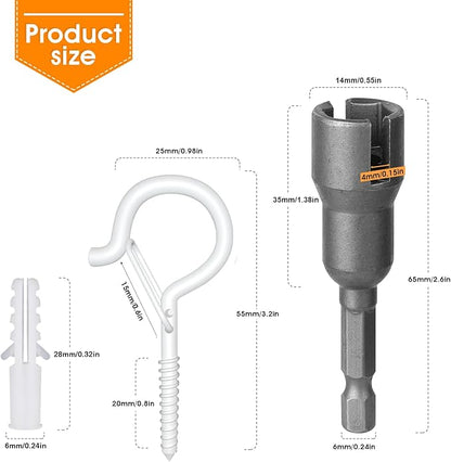 50PCS Windproof Screw Q-Hanger Hooks with Safety Buckle for Hanging Outdoor String Lights, Plants, Christmas Decorations, Includes Wing Nut Driver, White