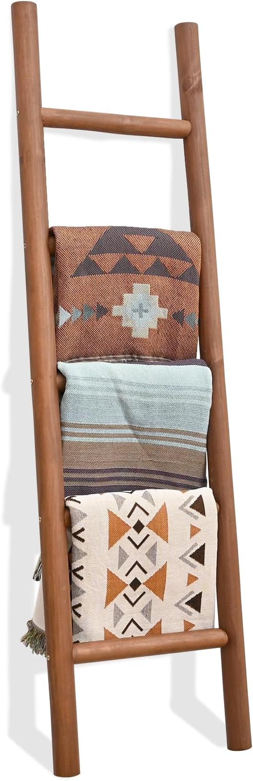 FUIN 57in Wood Blanket Ladder Living Room Decorative Wall Leaning Farmhouse Quilt Display Holder Rustic Wooden Towel Rack for Bathroom, Dark Brown