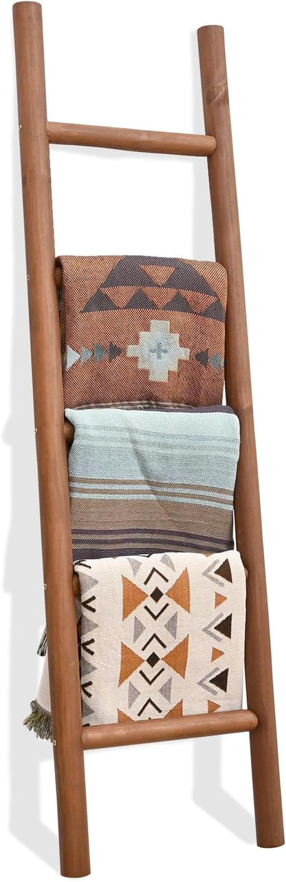 FUIN 57in Wood Blanket Ladder Living Room Decorative Wall Leaning Farmhouse Quilt Display Holder Rustic Wooden Towel Rack for Bathroom, Dark Brown