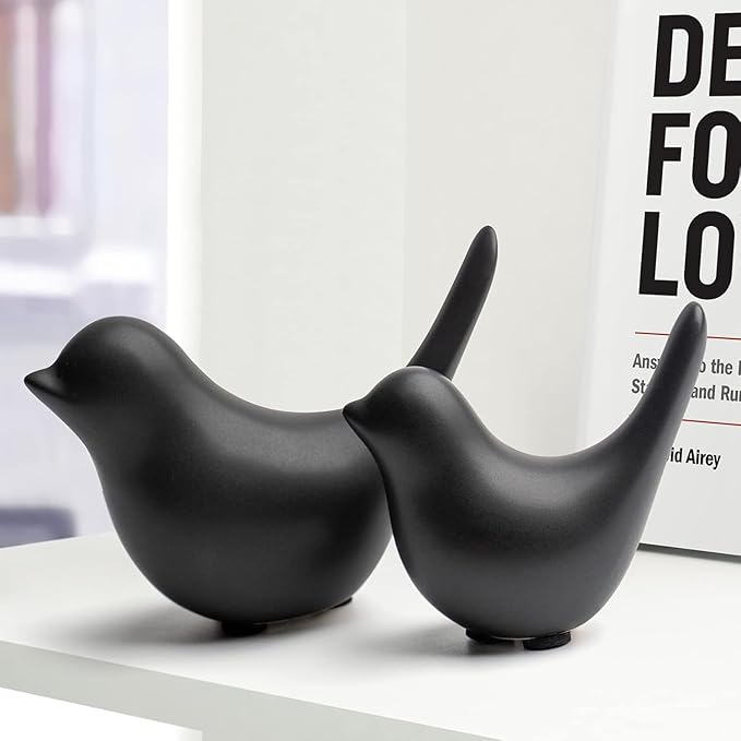 WhimWove 2 Pcs Ceramic Small Bird Figurines Modern Animal Statues for Home 、Room Decor and Bedroom Decor and Bookshelf Display (Black)