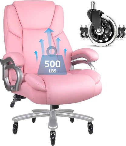 VITESSE 500lbs Heavy Duty Office Chair for Low Back Pain Relief, Big and Tall Office Chair with Ergonomic Lumbar Support, High Back Executive Chair with Quiet Rubber Wheel（Pink）