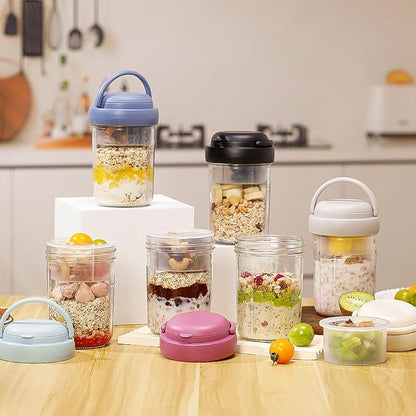 UWILLION Overnight Oats Containers with Handles, 16 oz Glass Mason Jars with Lids, Folding Spoons & Topping Compartments, Yogurt Parfait Cups for Meal Prep, Chia Pudding, Breakfast to Go, 2 Pack