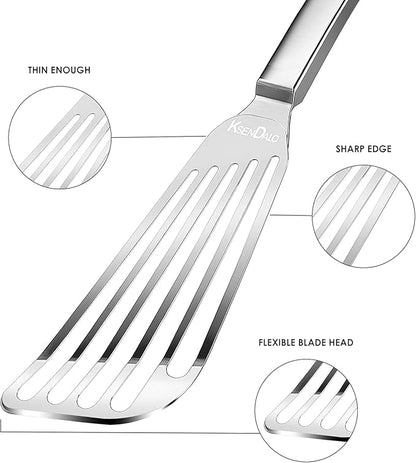 KSENDALO Fish Spatula Stainless Steel, Egg Flipper Spatula with Thin Flexible Slotted and Angled Blade for Kitchen Cooking, Grill, Camping, Essential Metal Spatulas,Silver Kitchen Utensils Set