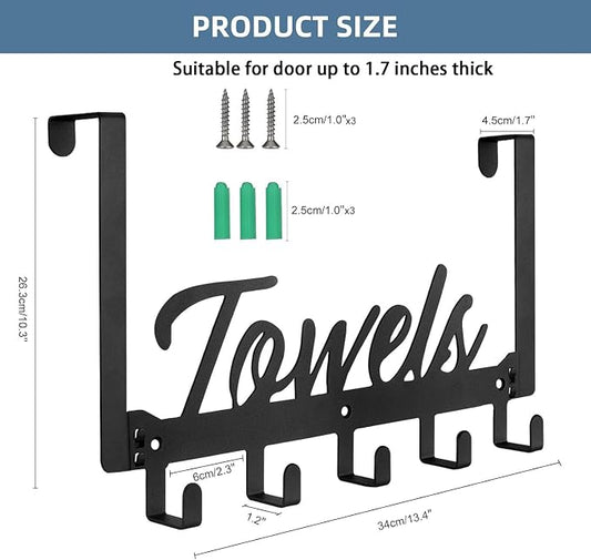 Azmoncy Over The Door Hooks, Towel Rack Towel Hooks for Bathroom, Towel Holder for Hanging Heavy Duty, Door Rack Over Door Hanger with 5 Coat Hooks for Bedroom Bathroom Kitchen, Black