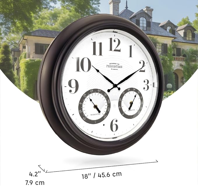 Presentime & Co 18" Illuminated in/Outdoor Clock with Smart Sensor and Night Light, Waterproof, Large Wall Clock with Thermometer & Hygrometer, for Garden and Patio - Oil Rubbed Bronze