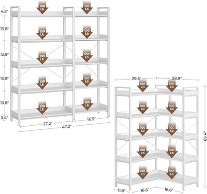Rolanstar Bookshelf 5 Tier with 4 Hooks, Reversible Corner Bookshelf, 65" Industrial Wooden Bookcase with Open Shelves and Metal Frame for Living Room, Bedroom, Home Office, White
