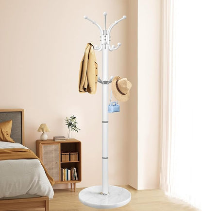OIRUMIE Coat Rack with Natural Marble Base, Metal Freestanding Coat Racks with 14 Hooks, 360°Rotary Coat Rack Stand for Hanging Scarf, Bag, Jacket, White Coat Clothes Tree Hanger Holder Stand