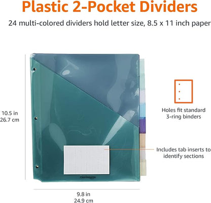 Amazon Basics Tab Dividers for 3 Ring Binder, Two Pocket, Letter Size, 36 Count, Multicolor