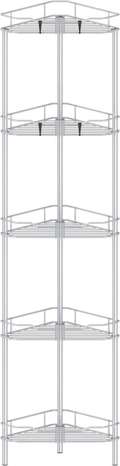 5 Tier Floor Standing Corner Shower Caddy Organizer Shelf with Hooks, Bathroom Shelves Stand Rack, Silver