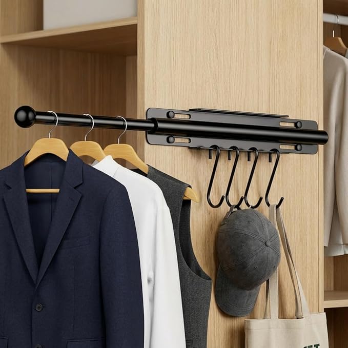 12 Inch Valet Rod for Closet Pull Out, Heavy Duty Carbon Steel Retractable Closet Rod with 4 Hooks, Slide Out Butler Hanger for Laundry Room, Bedroom, Black