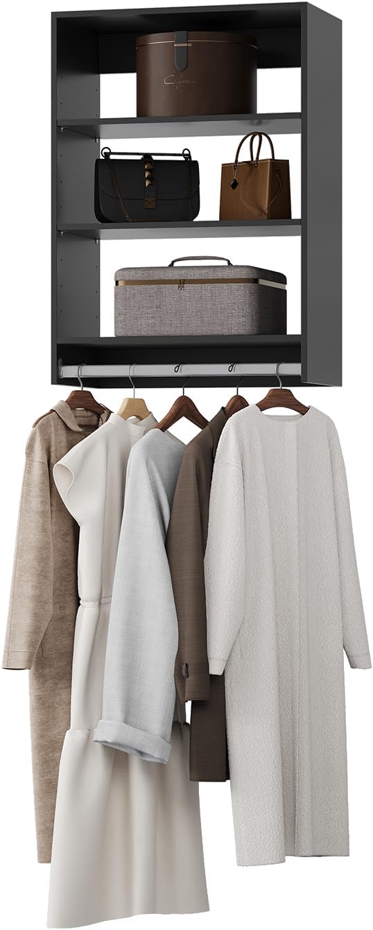 Medium Double Hanging Closet Unit, Modular Closet System, Wood Closet System Organizer with Storage for Walk In Closets, Clothing Rack Closet for Hanging Clothes, Bedroom, Black, 28.5"W