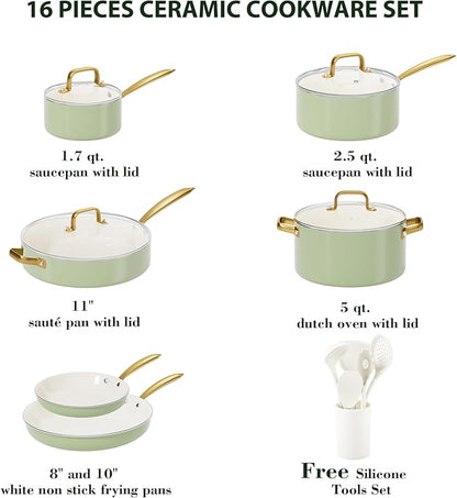 Pots and Pans Set Non Stick - VONIKI Ceramic Cookware Set with Cooking Utensils Set, Non Toxic Kitchen Cookware Sets Dutch Oven Pot with Lid Saucepan Set Sauté Pan Frying Pan Set for Cooking Gifts