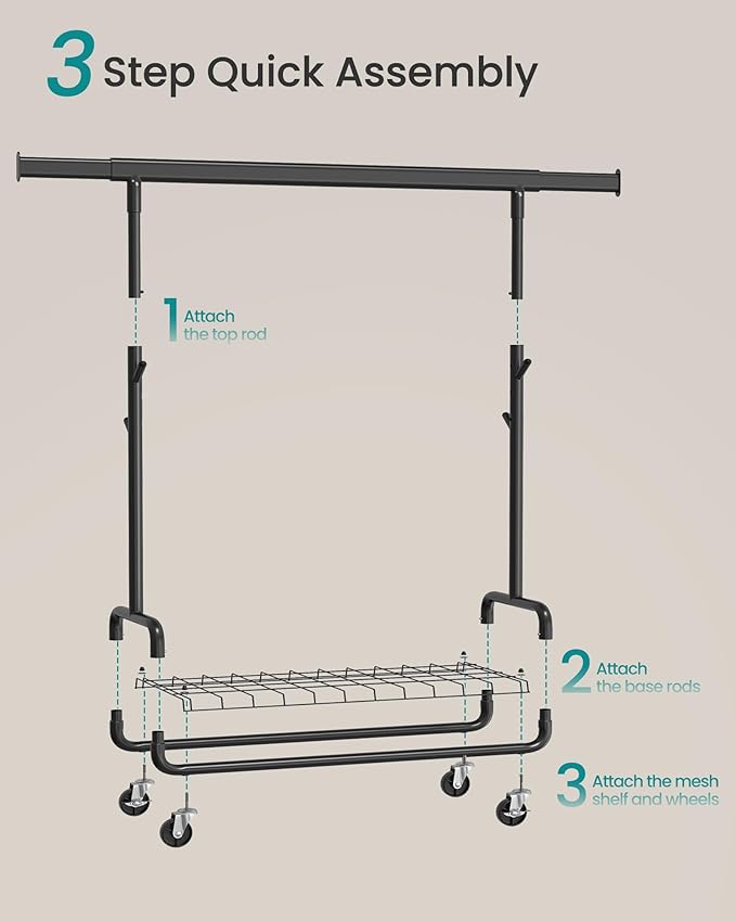 SONGMICS Clothes Rack, Heavy-Duty Rolling Clothing Garment Rack with Wheels, Extendable Hanging Rod and Adjustable Height, Portable, with Shelf and Hooks, Ink Black UHSR014B01
