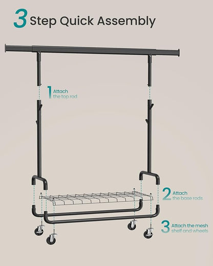 SONGMICS Clothes Rack, Heavy-Duty Rolling Clothing Garment Rack with Wheels, Extendable Hanging Rod and Adjustable Height, Portable, with Shelf and Hooks, Ink Black UHSR014B01