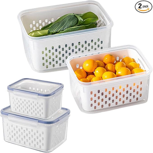 2 Pack Fruit Storage Containers for Fridge with Removable Colanders, Dishwasher & Microwave safe Produce Storage Containers with Lids Keep Fruits, Vegetables, Berry, Meat Fresh longer