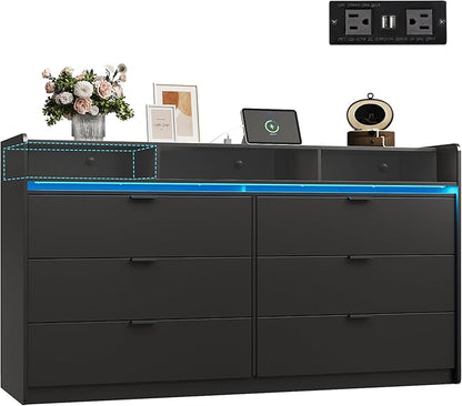 WLIVE 9 Drawer Led Dresser for Bedroom, 58" Black Wood Dresser Storage Organizer with Charging Station for 65" TV, Dressers with Open Shelves, Chest of Drawers for Closet, Living Room