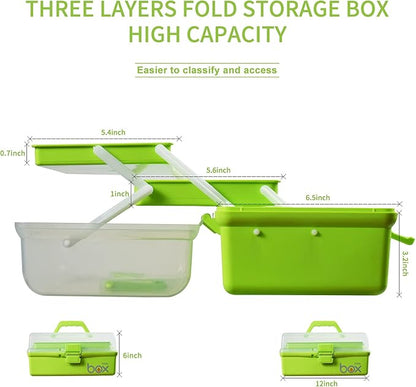 TERGOO 12in 3-Layer Plastic Craft Organizers and Storage, Portable Folding Tackle Box with Handle & Adjustable Dividers, Multipurpose Case for Sewing, Art Supplies, Medicine, Tools (Green)