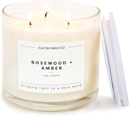 Calyan Wax Co. Rosewood & Amber 3 Wick Scented Candle - 43 Hour Burn - Luxury 3 Wick Soy Candles - Non Toxic Soy Wax Candles - Long Lasting Large Glass Jar Candle for Home - 14.9oz