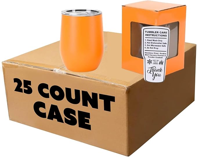 makerflo 12 oz Orange Powder Coated Wine Tumbler with Leak-Proof Clear Lid - Pack of 25, Ideal for Craft and Personalization (Laser Engraving, UV DTF, Epoxy, and Vinyl)