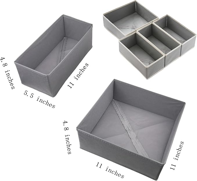 Bructhun Drawer Organizer Set of - Fabric Storage Bins for Clothes, Underwear, Socks & Bras - 11" Dresser Dividers for Bedroom Closet (Light Grey, 1L+3S)
