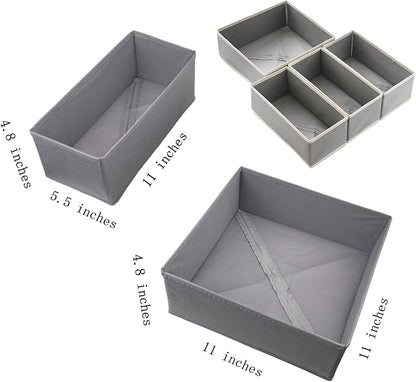 Bructhun Drawer Organizer Set of - Fabric Storage Bins for Clothes, Underwear, Socks & Bras - 11" Dresser Dividers for Bedroom Closet (Light Grey, 1L+3S)