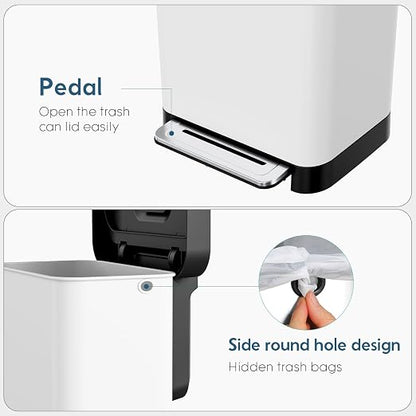 Arlopu 50L/13.2Gal Stainless Steel Trash Can W/15 Inner Bags & Rear Trash Bag Storage Compartment, Kitchen Step Trash Can with Lid & Built-in Deodorizer Box, Garbage Bin W/Foot Pedal (White)