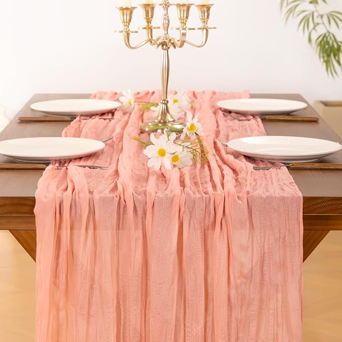 Socomi 6pcs Coral Peach Valentine's Day Cheesecloth Table Runner Boho Rustic Gauze 120 inch 10FT Cheese Cloth Runner for Wedding Party Baby Shower Birthday Home Decor Holiday Decorations