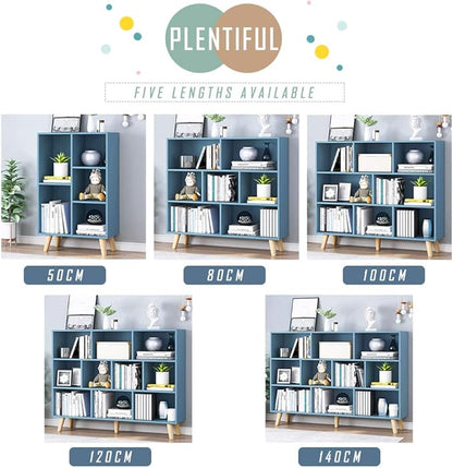 IOTXY Wooden Open Shelf Bookcase - 3-Tier Floorstanding Display Cabinet Rack with Legs, 8 Cubes Free Standing Bookshelf, Bright Blue