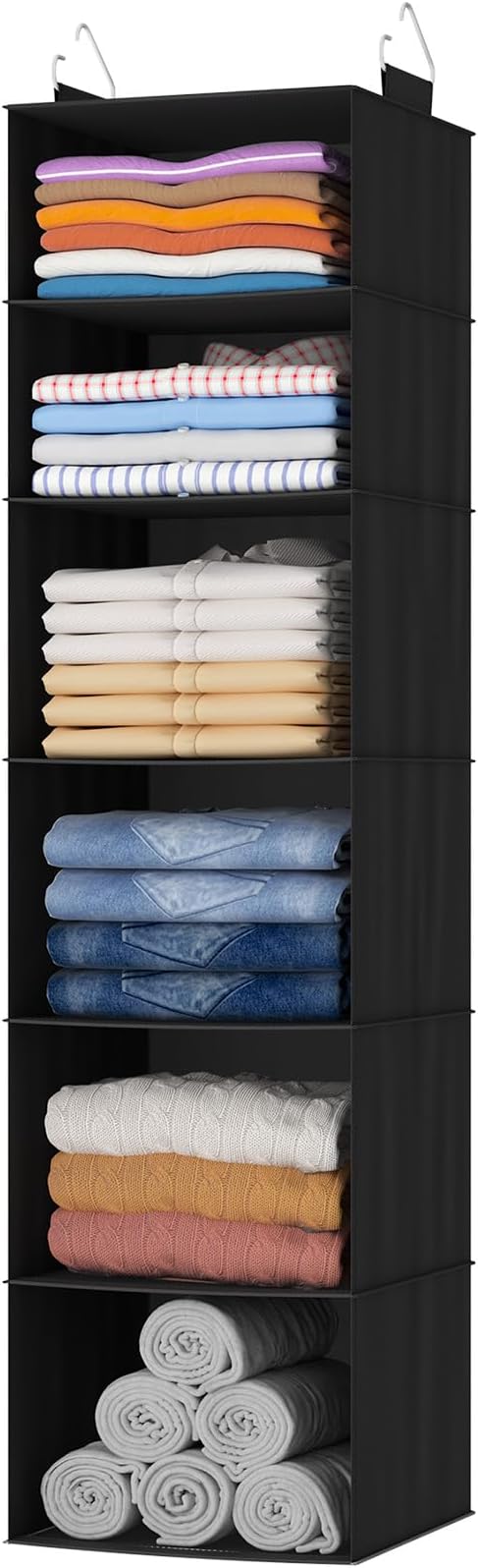 Lifewit 6 Tier Hanging Closet Organizer and Storage for Shelves, 1 Pack Foldable Clothes Shelf with 2 Sturdy Hooks, Sweater/Coat/Shoes Clothing Organization for Wardrobe, Dorm, Bedroom, Black