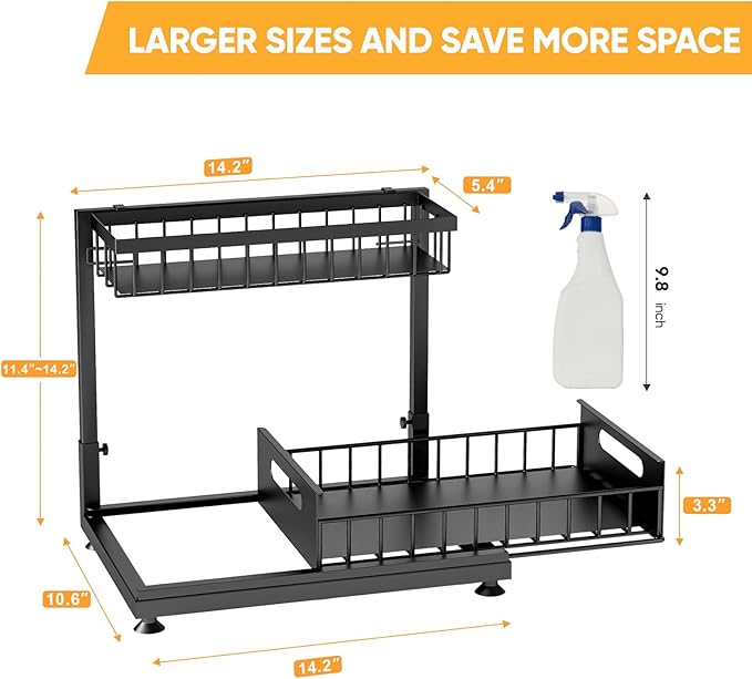 Under Sink Organizer Storage 2-Tier Premium Metal Pull-Out Kitchen Cabinet Organizer with Sliding Drawer, Height Adjustable, Heavy Duty for Kitchen & Bathroom Organizers 1 Pack Black