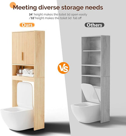 VINGLI Over The Toilet Storage Cabinet with Fluted Doors, Mid Century Modern Bathroom Organizer Over Toilet, Freestanding Wooden Space Saver Stand with Adjustable Shelves, Natural Oak