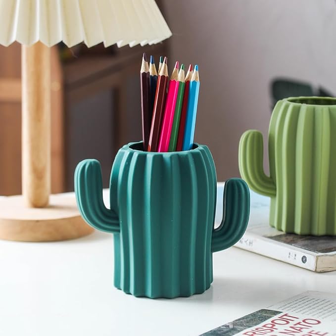 Silicone Pen Holder Cactus Pencil Holder Cute Pens Cup for Desk for Kids Office Decor Desk Accessories Pen Pot Desk Organizer (Dark Green,2 Pack)