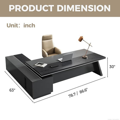Modern L Shape Executive Desk with Storage Drawers – Large Black Corner Office Desk for Home Workspace, Spacious Executive Desk with Cabinets (Black/Right, 87" L * 63" W * 30" H)