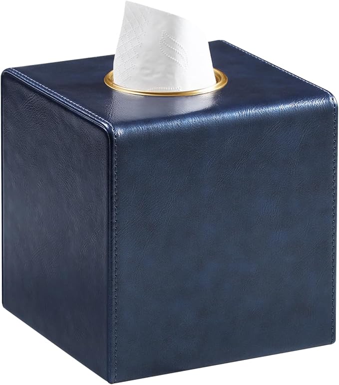 MEIBOOCH Square Tissue Box Cover, Luxury PU Leather Tissue Holder with Magnetic Closure (Navy Blue)