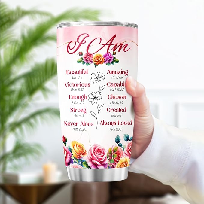 Christian Affirmation Gift for Women, I Am Scripture Tumbler with Bible Verses, Inspirational Floral 20oz Stainless Steel Insulated Cup, Religious Faith Present for Mom, Sister, Friend