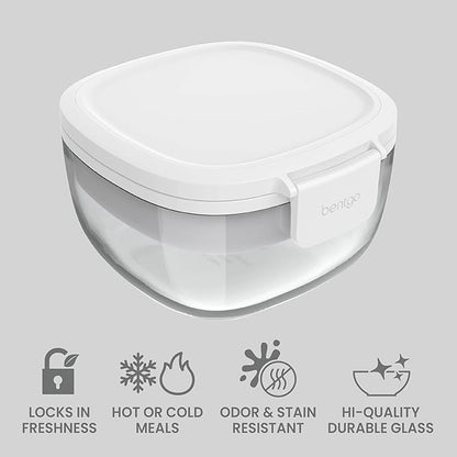 Bentgo Glass Salad Container - 7.6-Cup Salad Bowl with Airtight Lid, Leak-Proof Sauce Container, 4-Compartment Bento Tray & Reusable Fork - BPA-Free for Meal Prep, Office & More (White)