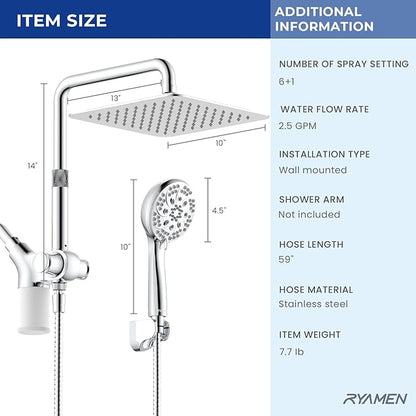 Ryamen Upgraded Dual Shower Heads Combo, 10 inch Filtered Shower Head with Handheld, 3-Way Rain Shower Head with Filters, 7 Settings Handheld Spray, High Pressure, Height Adjustable (Silver)