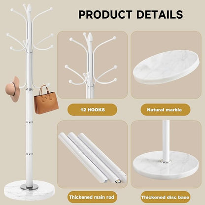 Modern Metal Coat Rack Stand, Coat Rack Freestanding with Natural Marble Base, Sturdy Heavy Duty Coat Racks with 12 Hooks, Coat Hall Tree Stand for Entryway, Office (12 HOOKS-White)