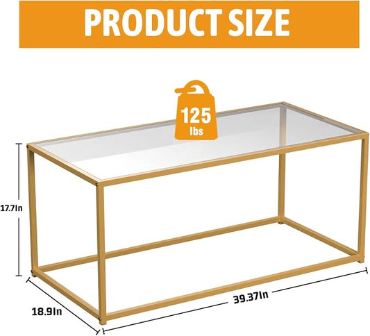 Coffee Table,Tempered Glass Coffee Table,Minimalist Center Table for Living Room,Office,Modern Glass Top Coffee Table with Sturdy Metal Frame & Open Storage, Easy Assembly,Gold