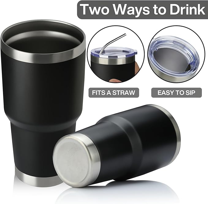 MEWAY 30oz Insulated Tumbler With Lids and Straws,Stainless Steel Double Vacuum Coffee Tumbler Cup, Brush, Durable Powder Coated Coffee Cup for Cold & Hot Drinks(Black,8 PACK)